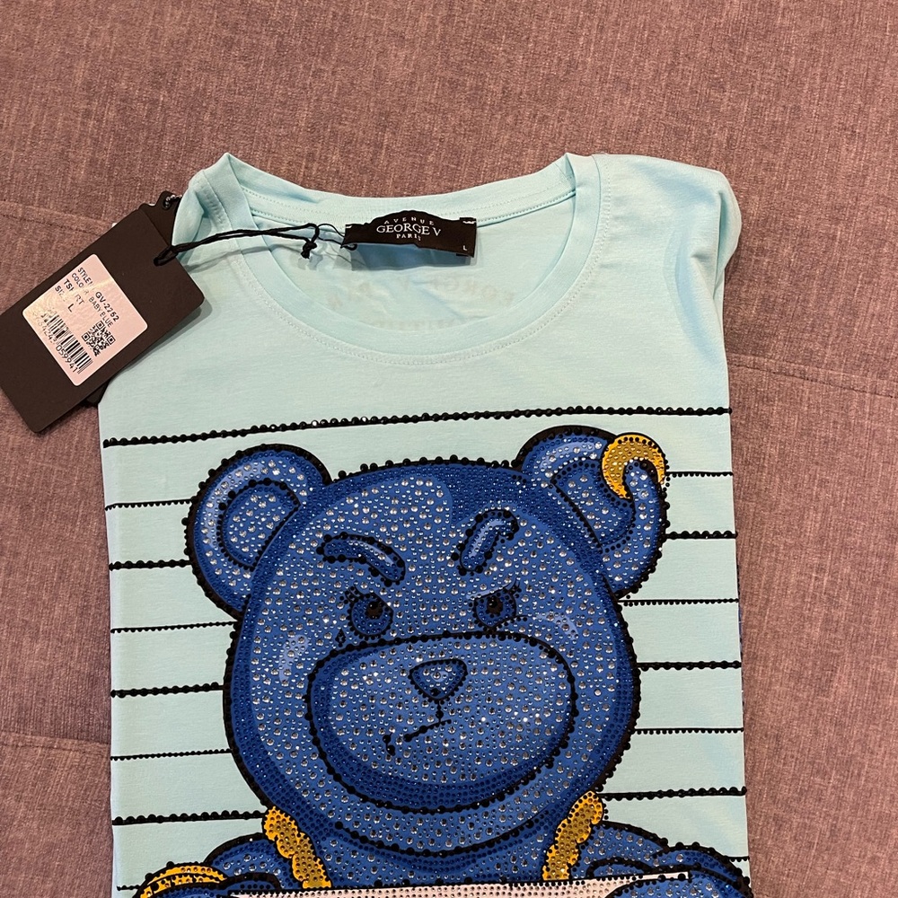 Avenue George V Paris T-shirt Teddy bear rhinestone Men’s Luxury Blue Shirt NWT - Picture 2 of 7